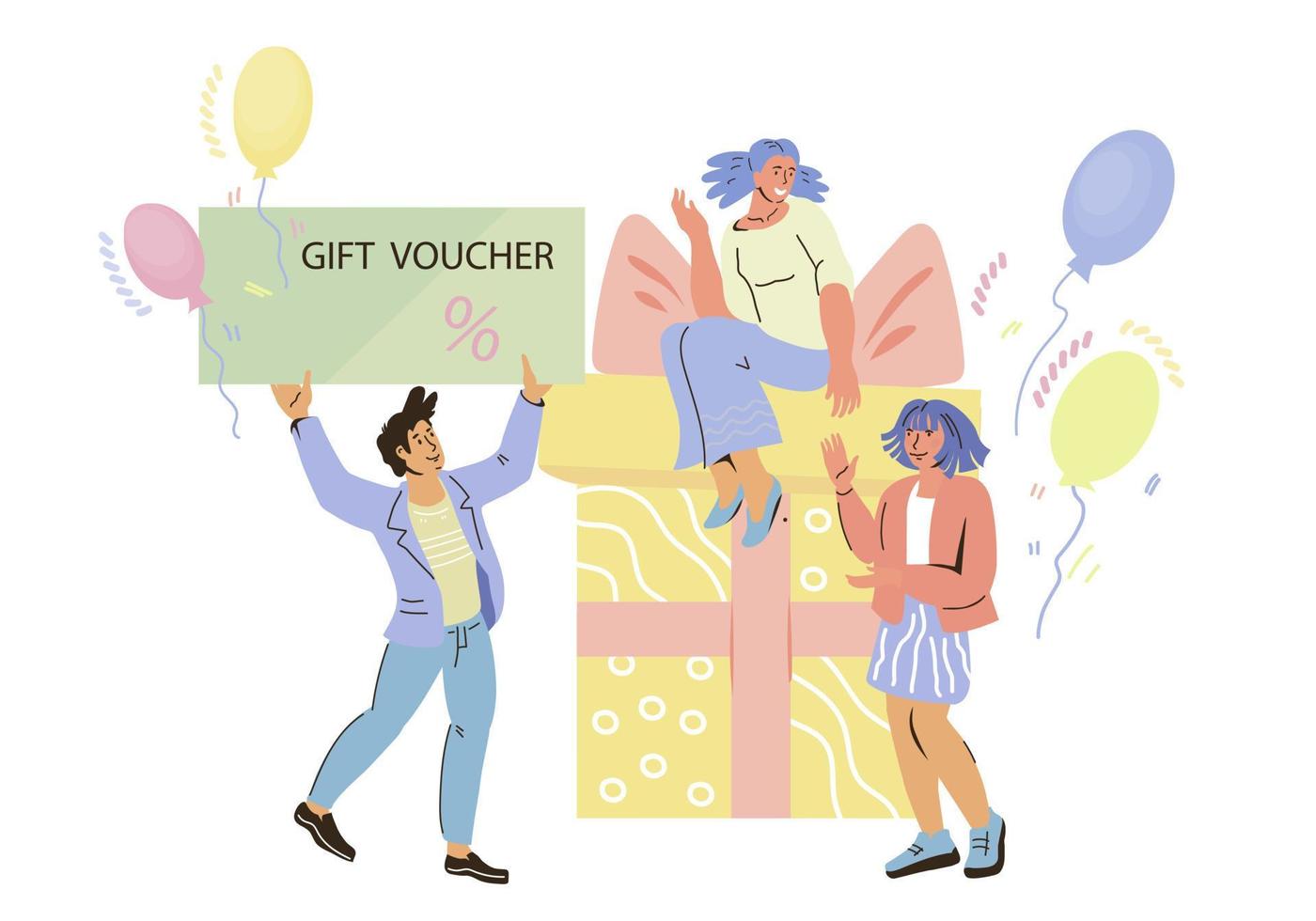 Gift voucher and bonus program for clients loyalty program concept, flat vector illustration isolated on white background. Happy customers with gifts.