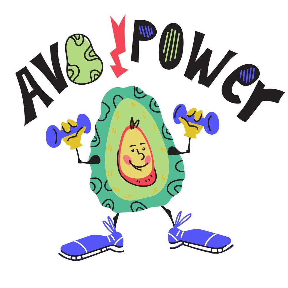 banner de poder de aguacate o plantilla de tarjeta sobre fitness y estilo de vida saludable con ilustración de vector de personaje de dibujos animados aislado. concepto de dieta, vegetarianismo y pérdida de peso para impresiones.