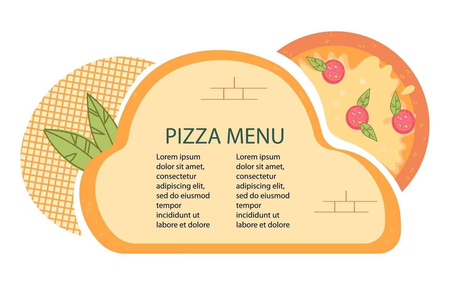 plantilla de menú de pizza o diseño de maqueta para pizzería y cafetería de cocina italiana, restaurante con un colorido cartel de pizza. diseño de tarjeta de platos de café. ilustración vectorial plana aislada. vector