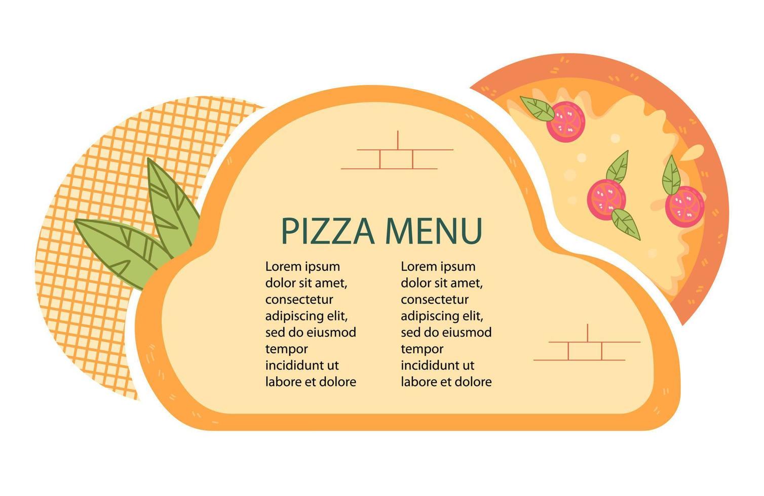 Pizza menu template or mockup design for pizzeria and italian cuisine cafe, restaurant with colorful pizza sign. Cafe dishes card layout. Flat vector illustration isolated.