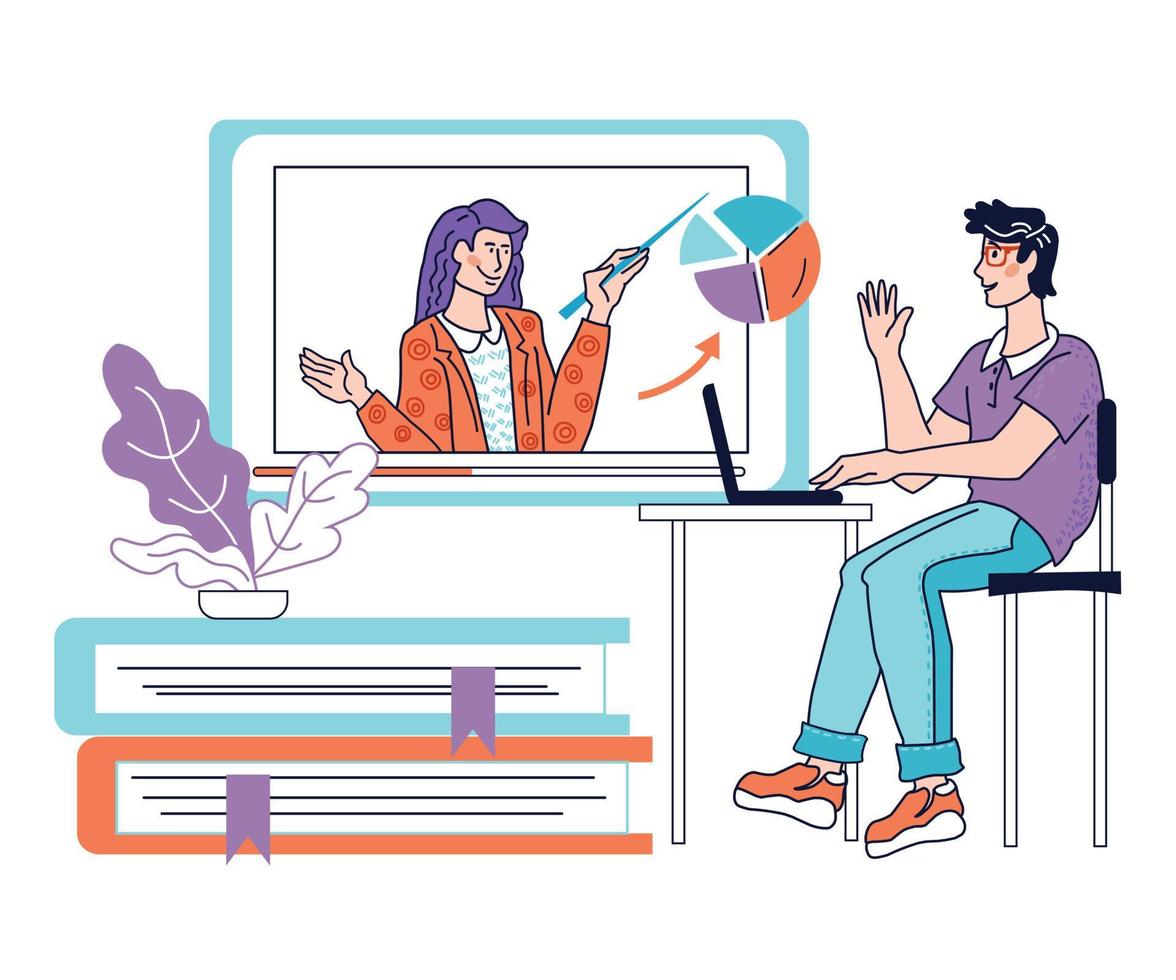 Webinar or online conference, lectures and education in internet with people cartoon characters. Man using computer to join online tutorial or business training flat vector illustration isolated.