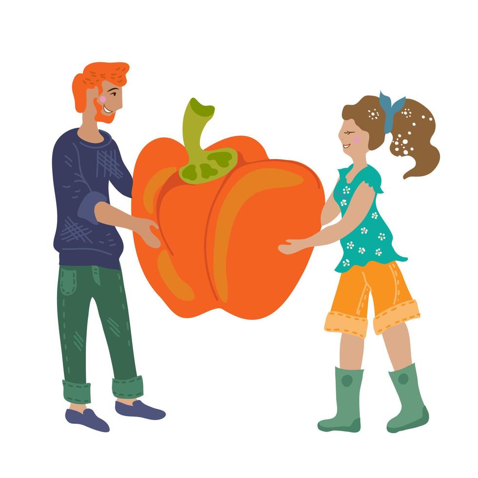 Man and woman choose pumpkin flat vector illustration isolated on white background. The concept of autumn harvest and organic farm products for street markets and vegan fairs