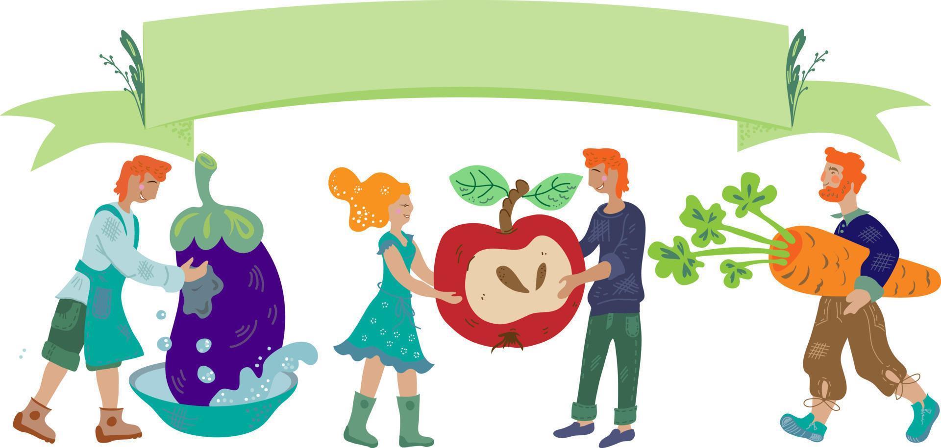 Autumn harvest banner with people and vegetables vector illustration isolated.