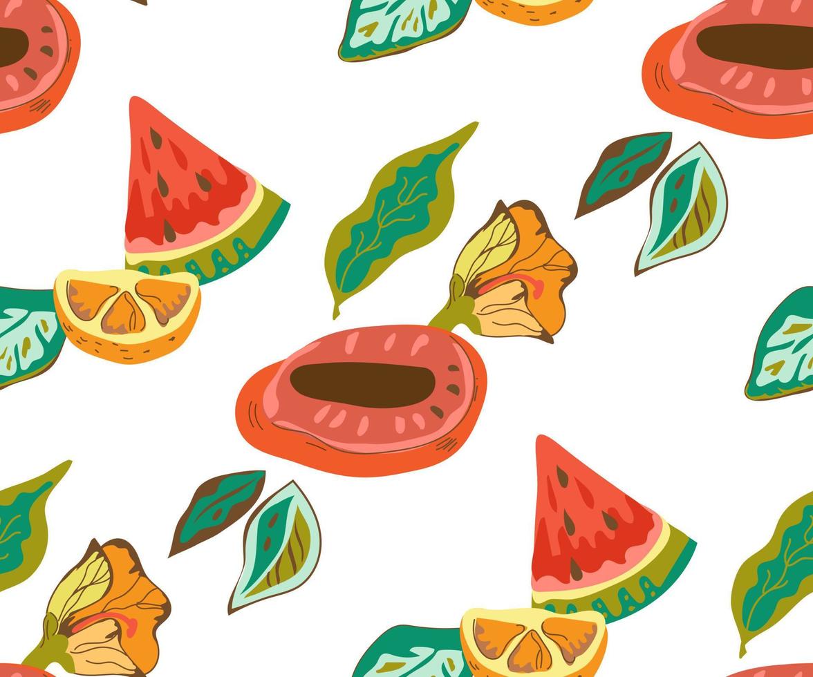 Summer fruit and flowers seamless pattern design, flat vector illustration on white background.