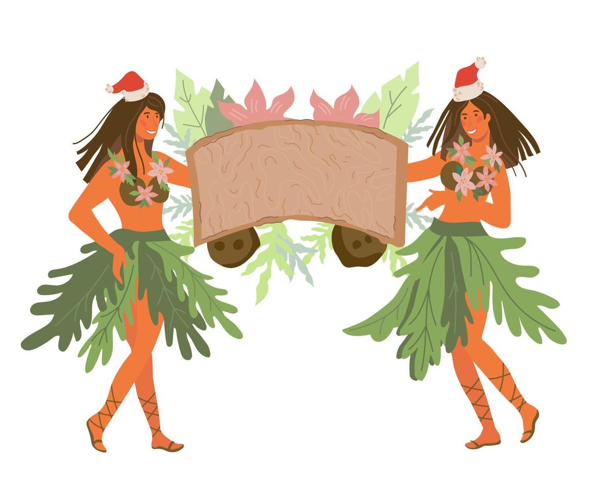 tarjeta de navidad tropical con bailarinas hawaianas sosteniendo pancartas de madera y hojas de palma, ilustración vectorial de diseño plano aislada. invitaciones y saludo plantilla de carteles de vacaciones de invierno de navidad. vector