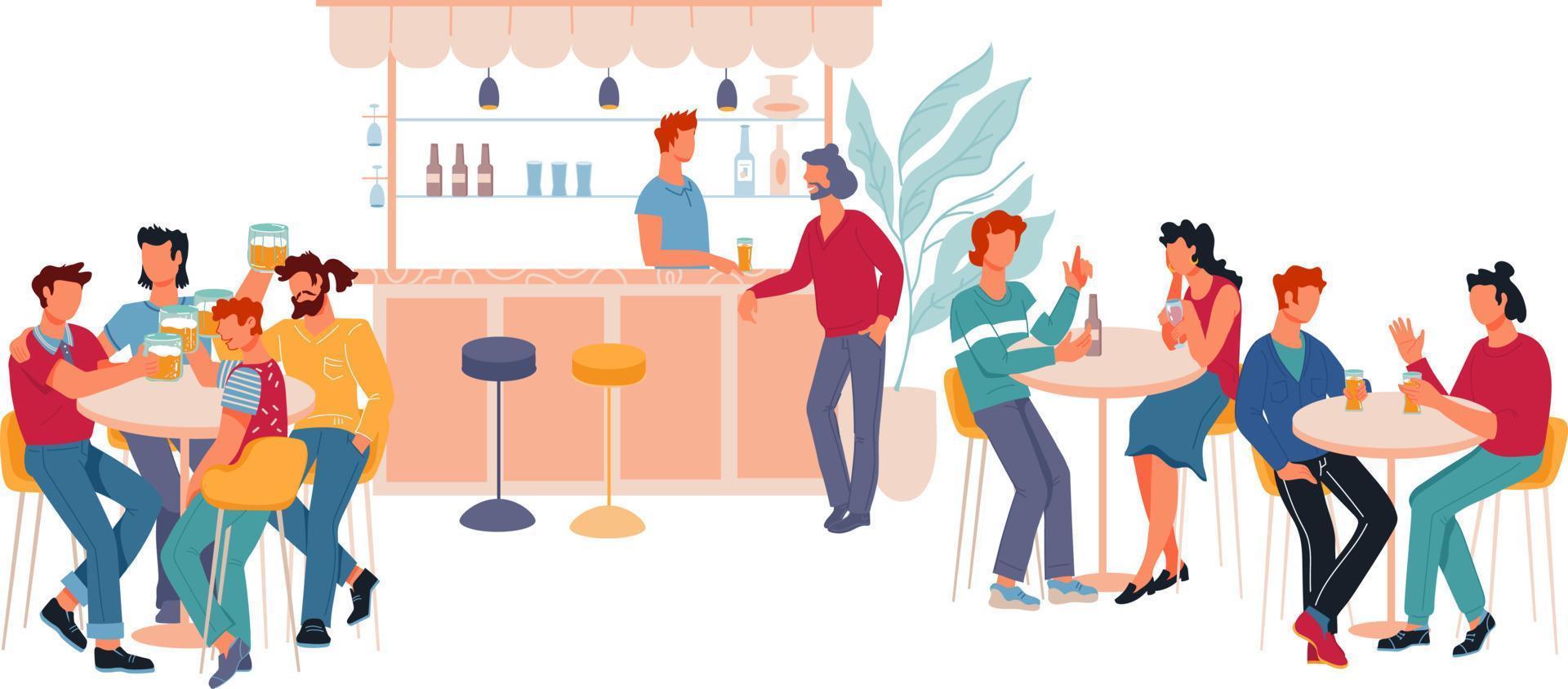 interior de restaurante o bar con personajes de dibujos animados sentados en mesas y bebiendo cerveza. pub con visitantes hablando y brindando con bebidas alcohólicas. ilustración vectorial plana aislada. vector