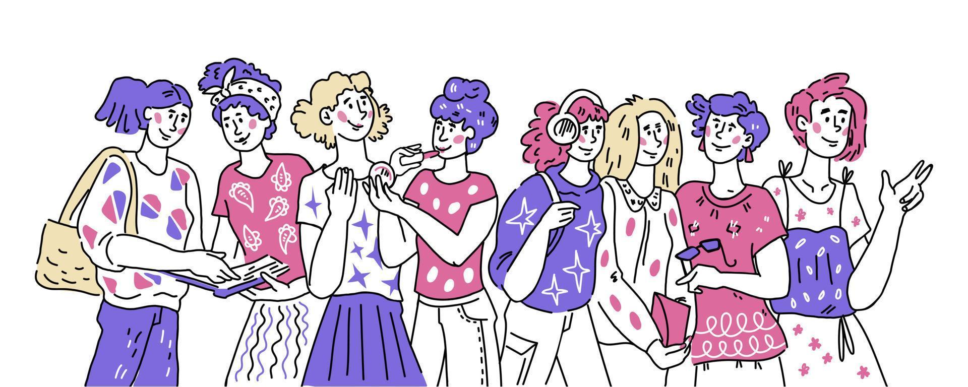 pancarta con un grupo de mujeres diversas personajes de dibujos animados que se comunican y hablan amistosamente. amistad femenina, día de la mujer y temática del feminismo. ilustración vectorial en estilo boceto aislado. vector