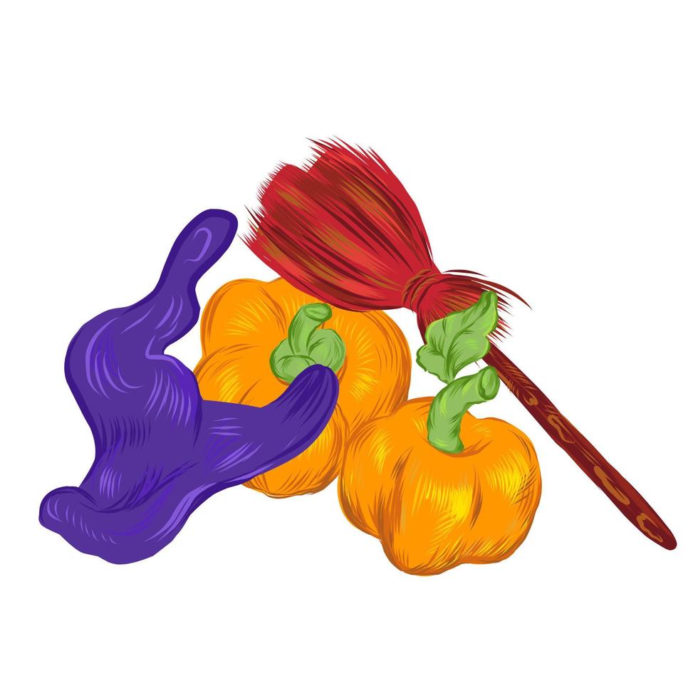 Halloween card template with witches hat, broom and pumpkins, vector illustration isolated on white background. Autumn holidays composition for party invitation and banner.