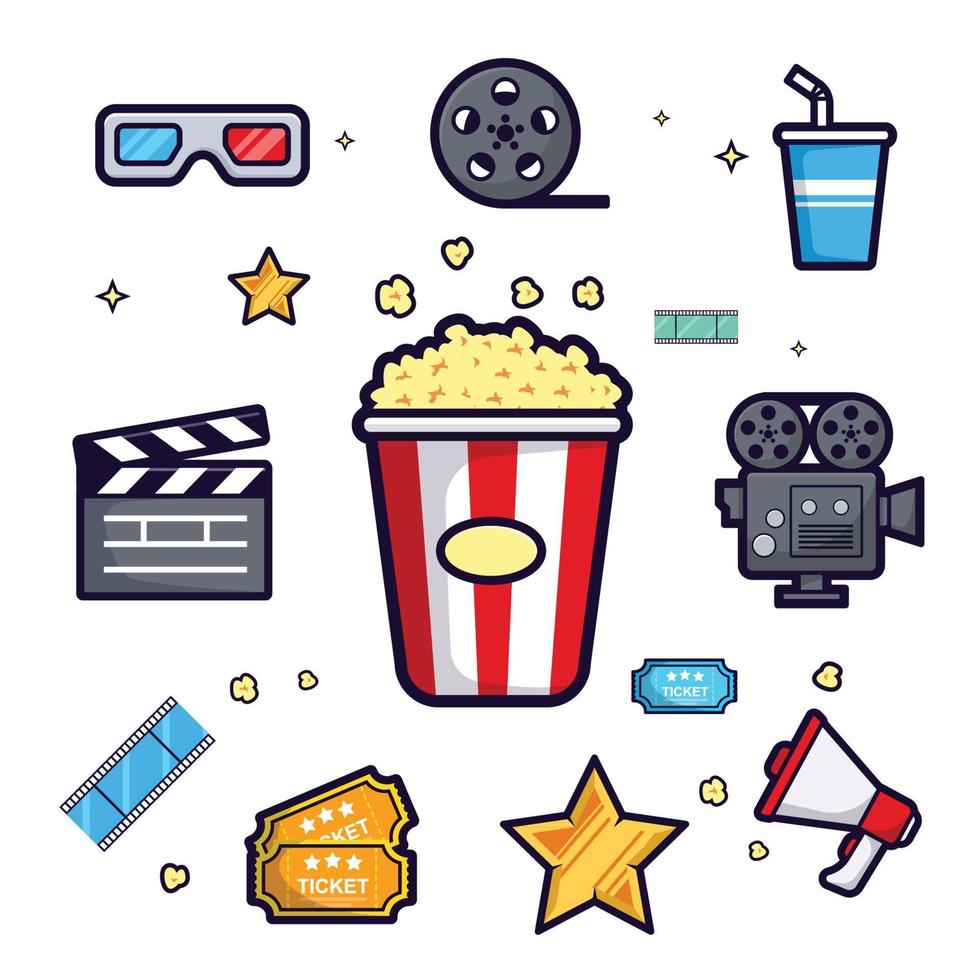 Set of cinema icons. Movie design elements. with a cartoon concept Vector illustration.