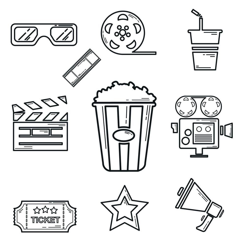 Set of cinema outline icons. Movie design elements. Vector illustration.