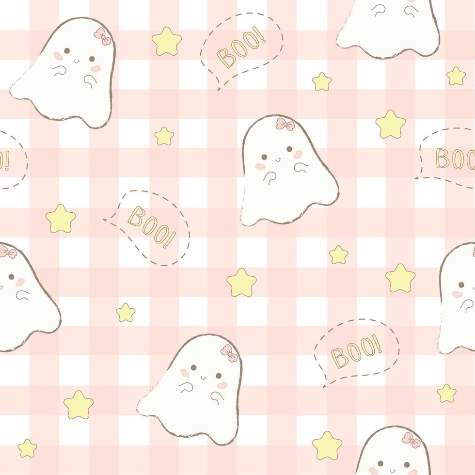 Cute Halloween pattern, cute smiling white ghosts on pastel pink checkered background. Seamless pattern vector illustration.