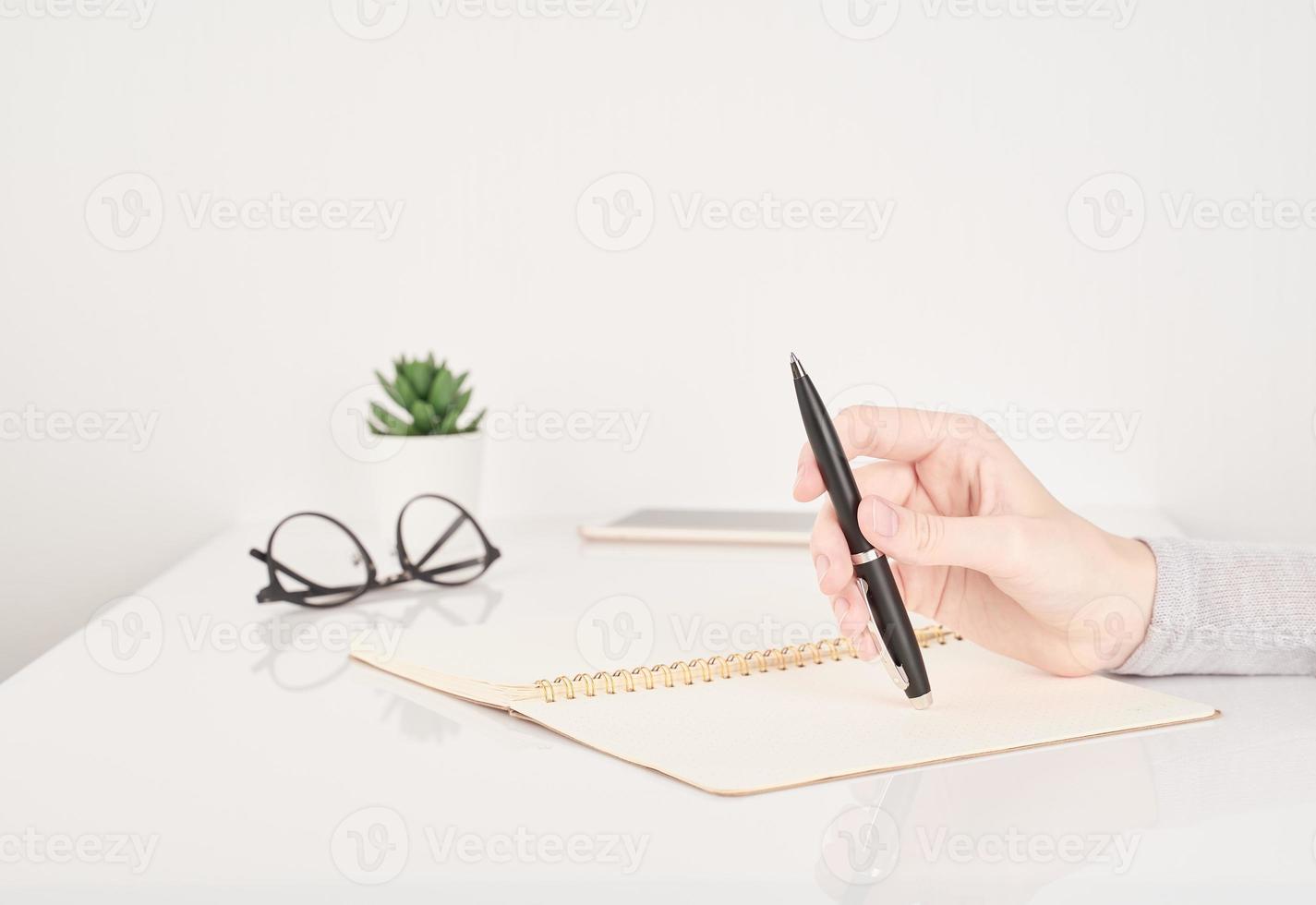 Woman writing on notebook page, office work or study concept, white and gray background photo