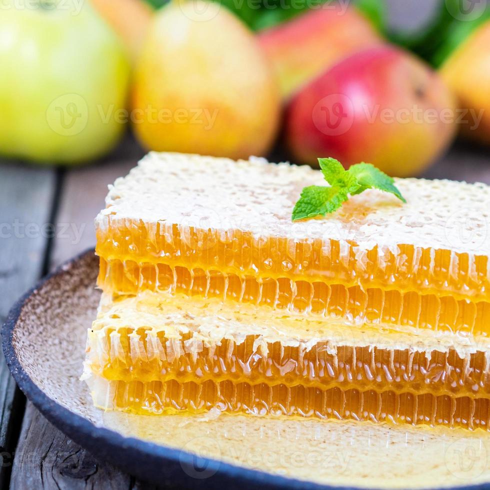 honey in honeycomb, close-up, on white ceramic plate, on wooden rustic table, side view, sunlight photo