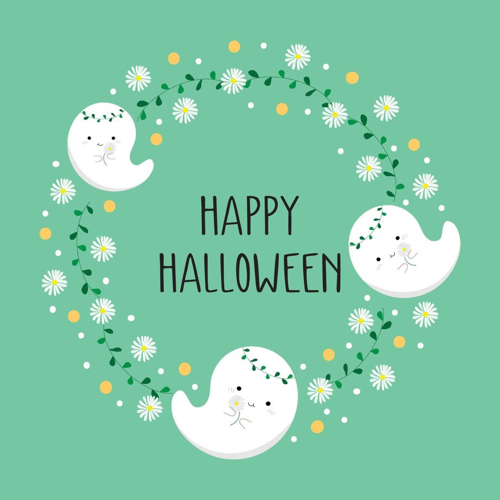 Halloween cartoon round frame with elements - cute scary white ghost and white daisy flowers - traditional holiday symbols - isolated vector. vector