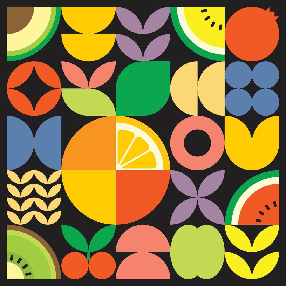 Geometric summer fresh fruit cut artwork poster with colorful simple shapes. Flat abstract vector pattern design in Scandinavian style. Minimalist illustration of citrus oranges on a black background.