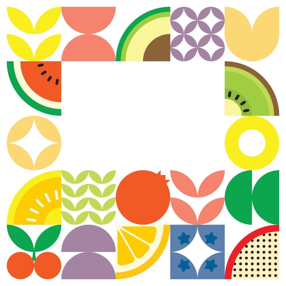 Geometric summer fresh fruit cut artwork poster with colorful simple shapes. Scandinavian styled flat abstract vector pattern design. Minimalist illustration of fruits and leaves on white background.