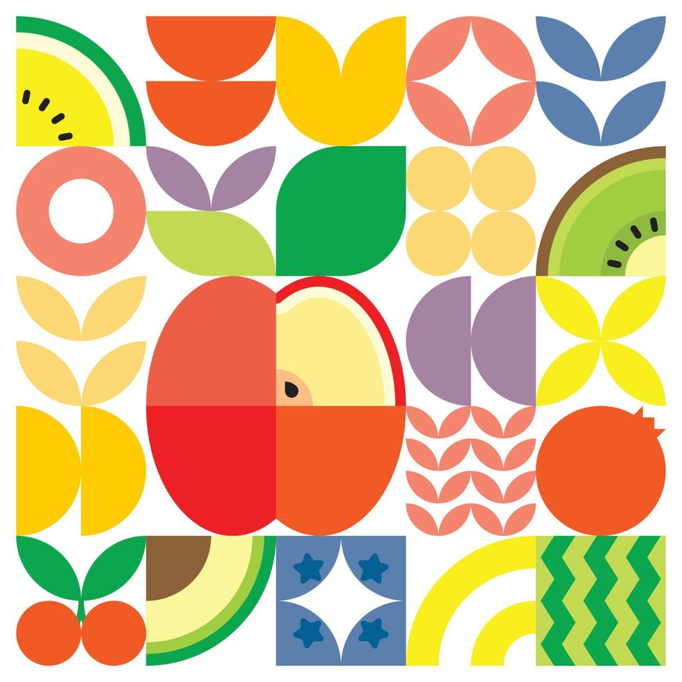 cartel geométrico de verano con frutas frescas cortadas con formas simples y coloridas. diseño de patrón de vector abstracto plano de estilo escandinavo. ilustración minimalista de una manzana roja sobre un fondo blanco.