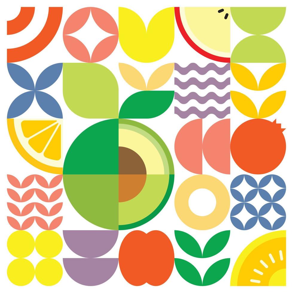 Geometric summer fresh fruit artwork poster with colorful simple shapes. Flat abstract vector pattern design in Scandinavian style. Minimalist illustration of a green avocado on a white background.