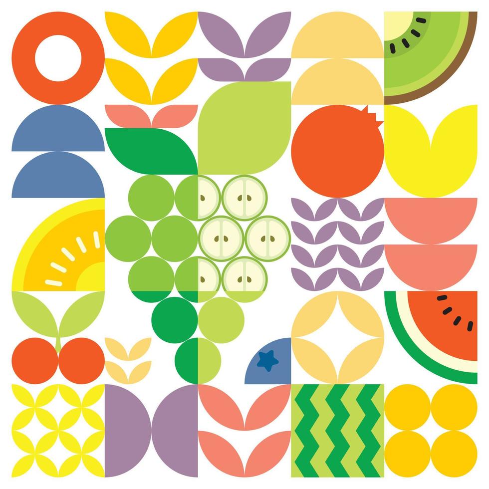 Geometric summer fresh fruit cut artwork poster with colorful simple shapes. Scandinavian style flat abstract vector pattern design. Minimalist illustration of a green grapes on a white background.