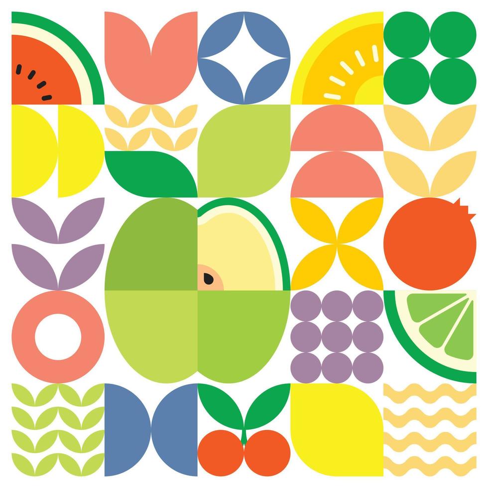 cartel geométrico de verano con frutas frescas cortadas con formas simples y coloridas. diseño de patrón de vector abstracto plano de estilo escandinavo. ilustración minimalista de una manzana verde sobre un fondo blanco.