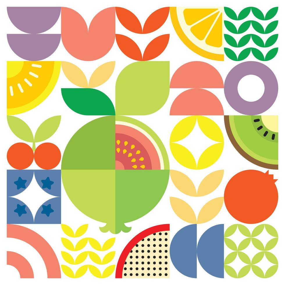Geometric summer fresh fruit cut artwork poster with colorful simple shapes. Scandinavian style flat abstract vector pattern design. Minimalist illustration of a red guava on a white background.