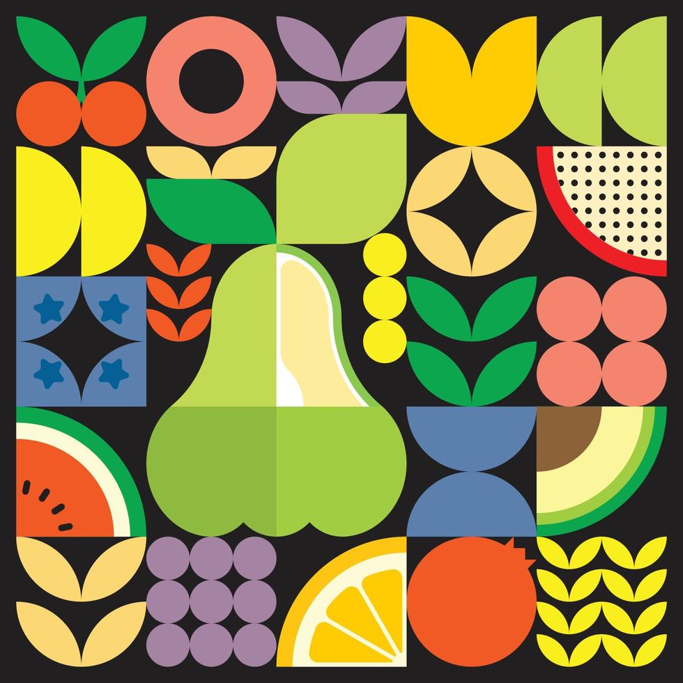 Geometric summer fresh fruit artwork poster with colorful simple shapes. Scandinavian style flat abstract vector pattern design. Minimalist illustration of a green water apple on a black background.