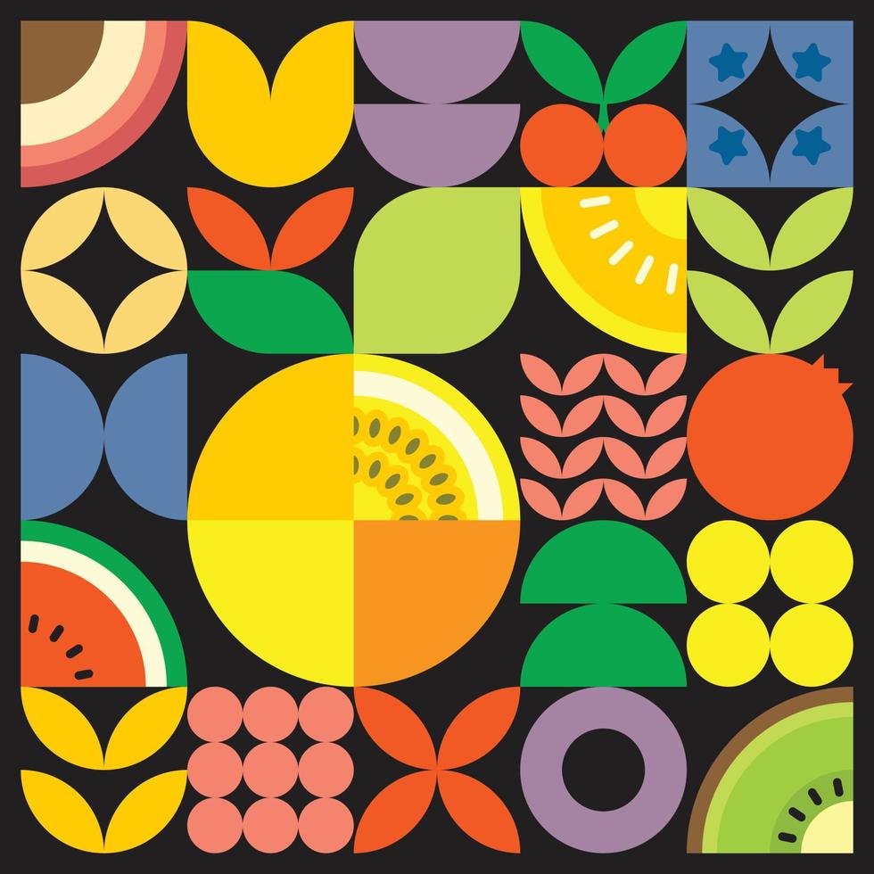 Afiche geométrico de obras de arte de frutas frescas de verano con formas simples y coloridas. diseño de patrón de vector abstracto plano de estilo escandinavo. ilustración minimalista de una fruta de la pasión amarilla sobre fondo negro.