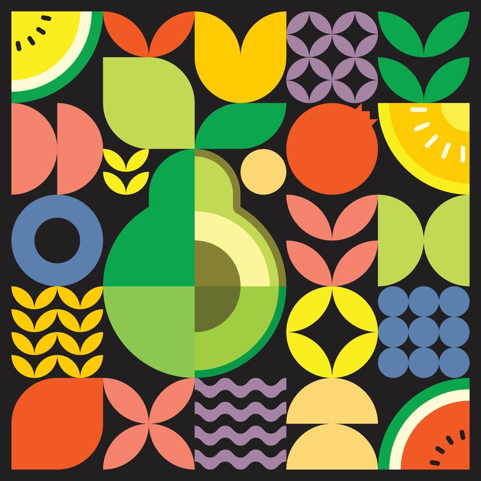 cartel geométrico de verano con frutas frescas cortadas con formas simples y coloridas. diseño de patrón de vector abstracto plano de estilo escandinavo. ilustración minimalista de un aguacate verde sobre un fondo negro.