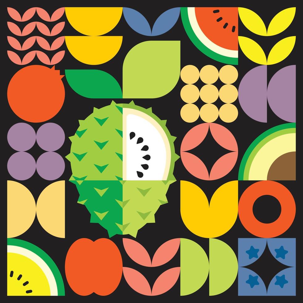 Geometric summer fresh fruit cut artwork poster with colorful simple shapes. Scandinavian style flat abstract vector pattern design. Minimalist illustration of a soursop on a black background.