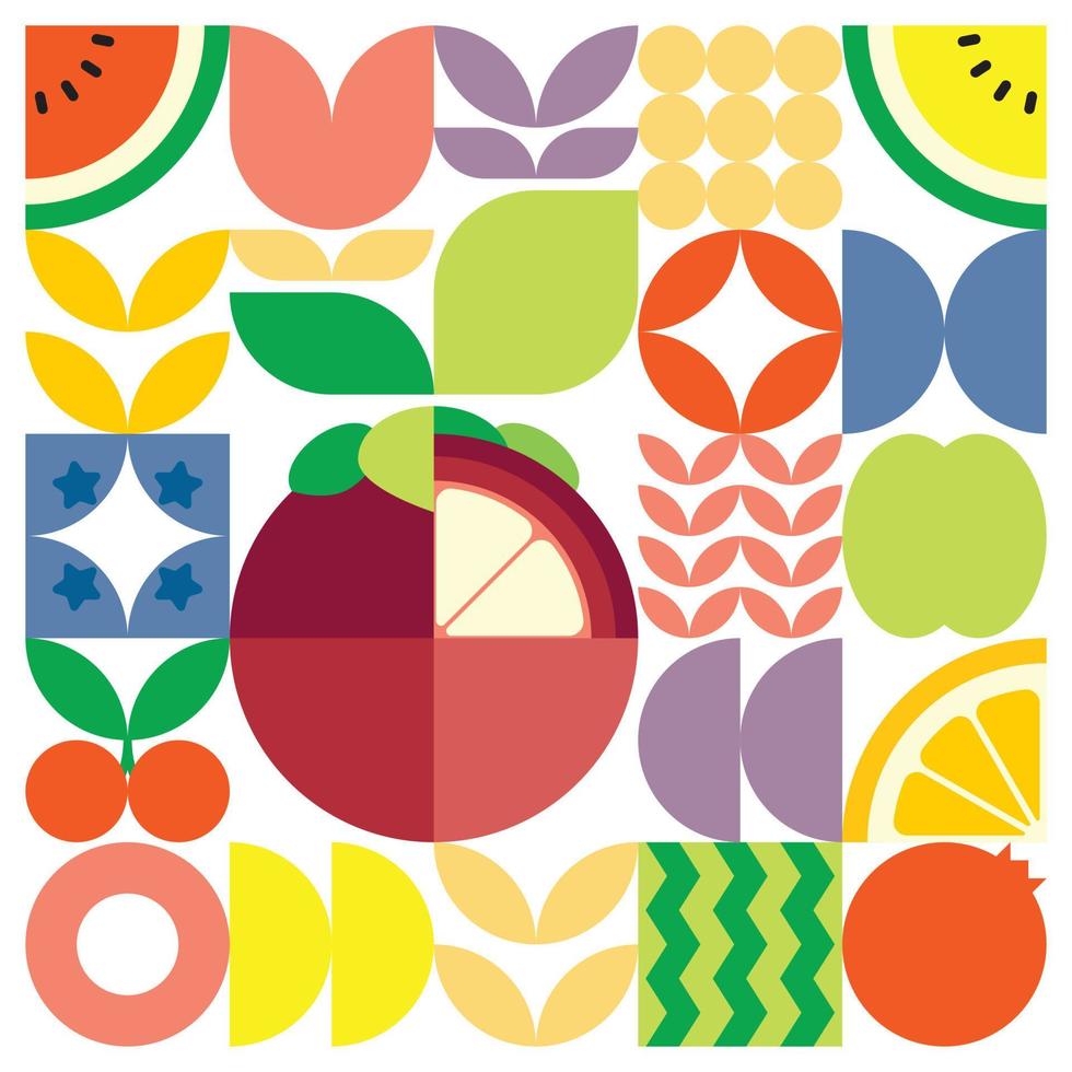 Geometric summer fresh fruit cut artwork poster with colorful simple shapes. Scandinavian style flat abstract vector pattern design. Minimalist illustration of a mangosteen on a white background.