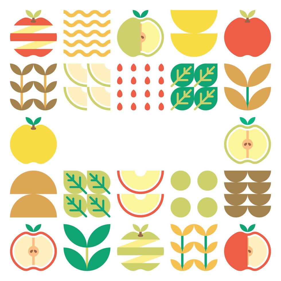 Apple frame abstract artwork. Design illustration of colorful apple pattern, leaves, and geometric symbols in minimalist style. Whole fruit, cut and split. Simple flat vector on a white background.