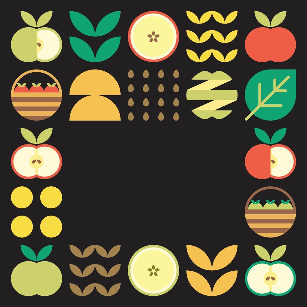 Apple frame abstract artwork. Design illustration of colorful apple pattern, leaves, and geometric symbols in minimalist style. Whole fruit, cut and split. Simple flat vector on a black background.