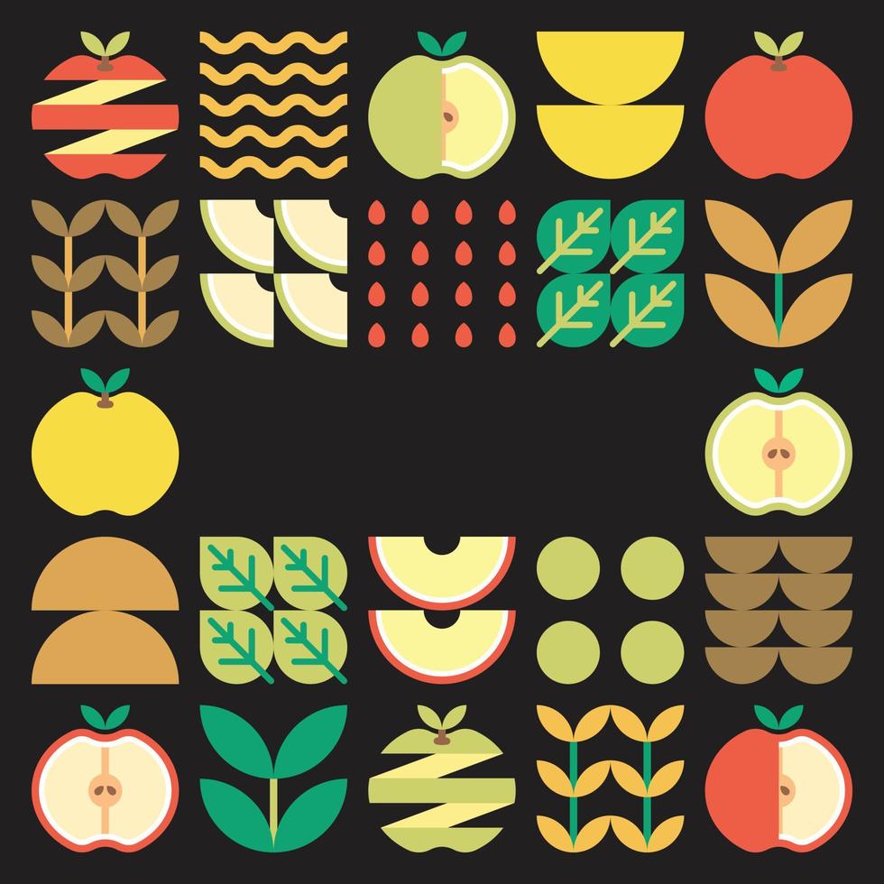 Apple frame abstract artwork. Design illustration of colorful apple pattern, leaves, and geometric symbols in minimalist style. Whole fruit, cut and split. Simple flat vector on a black background.