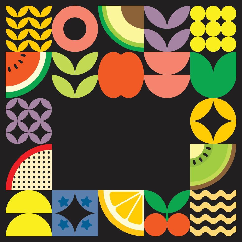 Geometric summer fresh fruit cut artwork poster with colorful simple shapes. Scandinavian styled flat abstract vector pattern design. Minimalist illustration of fruits and leaves on black background.