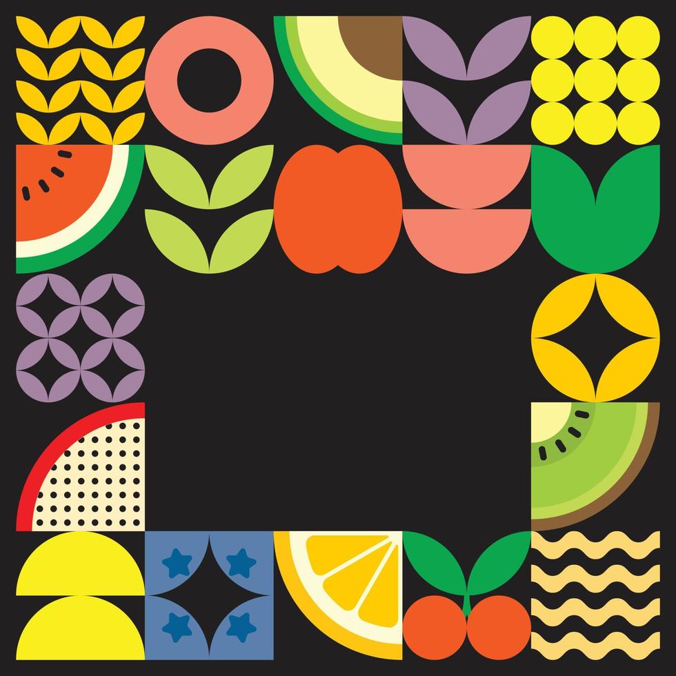 cartel geométrico de verano con frutas frescas cortadas con formas simples y coloridas. diseño de patrón de vector abstracto plano de estilo escandinavo. ilustración minimalista de frutas y hojas sobre fondo negro.