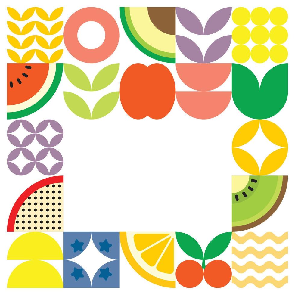 Geometric summer fresh fruit cut artwork poster with colorful simple shapes. Scandinavian styled flat abstract vector pattern design. Minimalist illustration of fruits and leaves on white background.