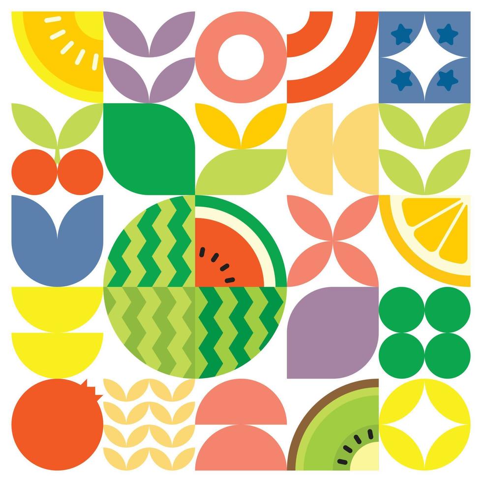 Geometric summer fresh fruit artwork poster with colorful simple shapes. Flat abstract vector pattern design in Scandinavian style. Minimalist illustration of a red watermelon on a white background.