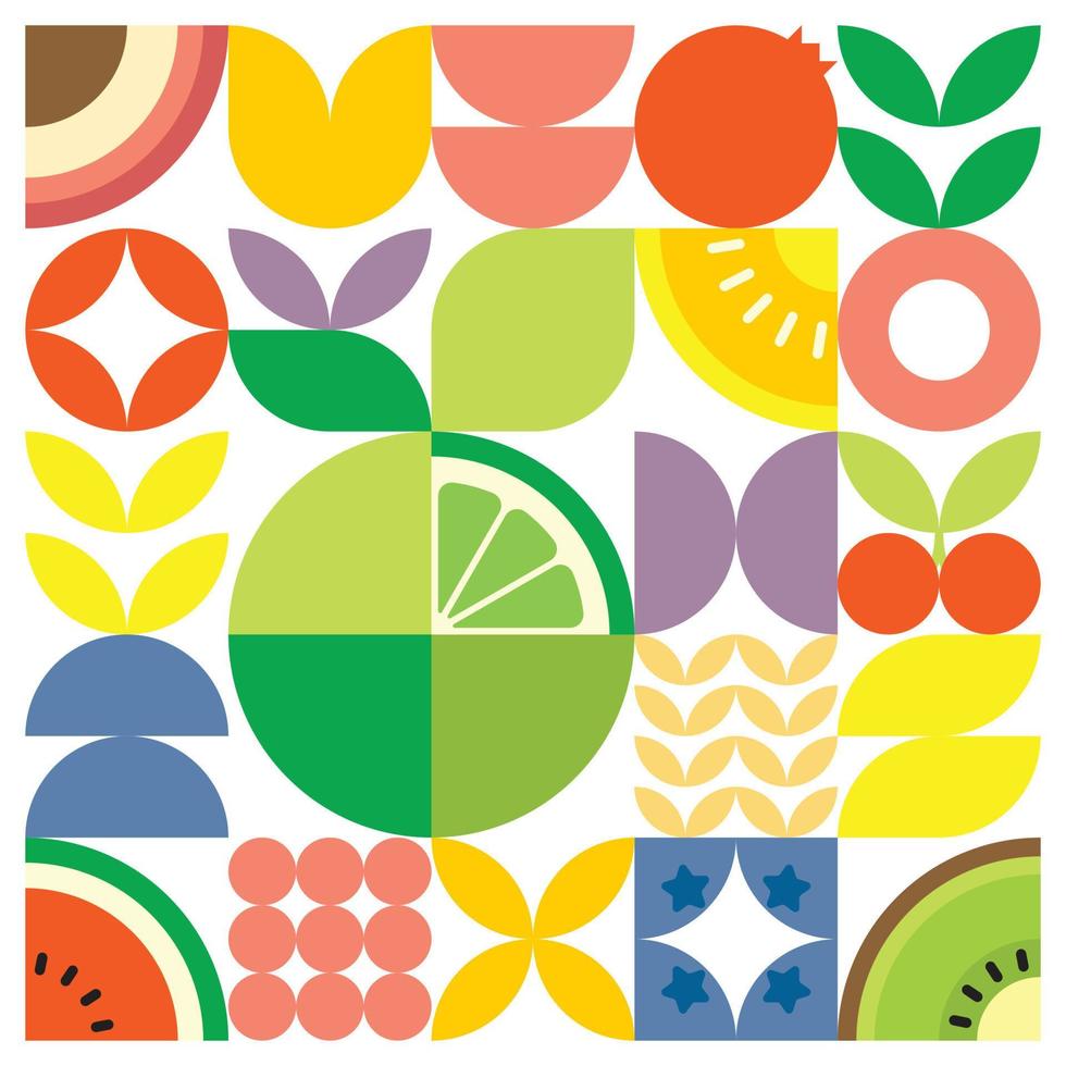 cartel geométrico de verano con frutas frescas cortadas con formas simples y coloridas. diseño de patrón de vector abstracto plano en estilo escandinavo. ilustración minimalista de cítricos verdes sobre fondo blanco.