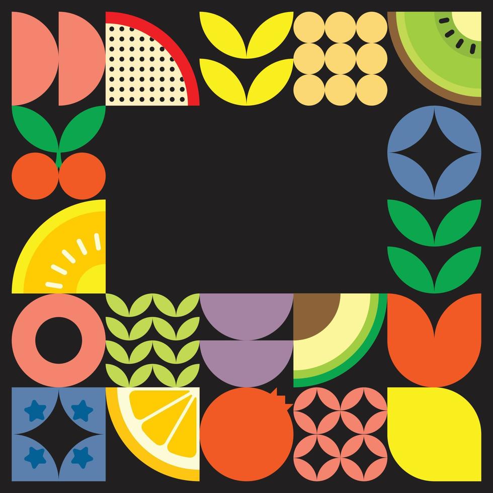 Geometric summer fresh fruit cut artwork poster with colorful simple shapes. Scandinavian styled flat abstract vector pattern design. Minimalist illustration of fruits and leaves on black background.