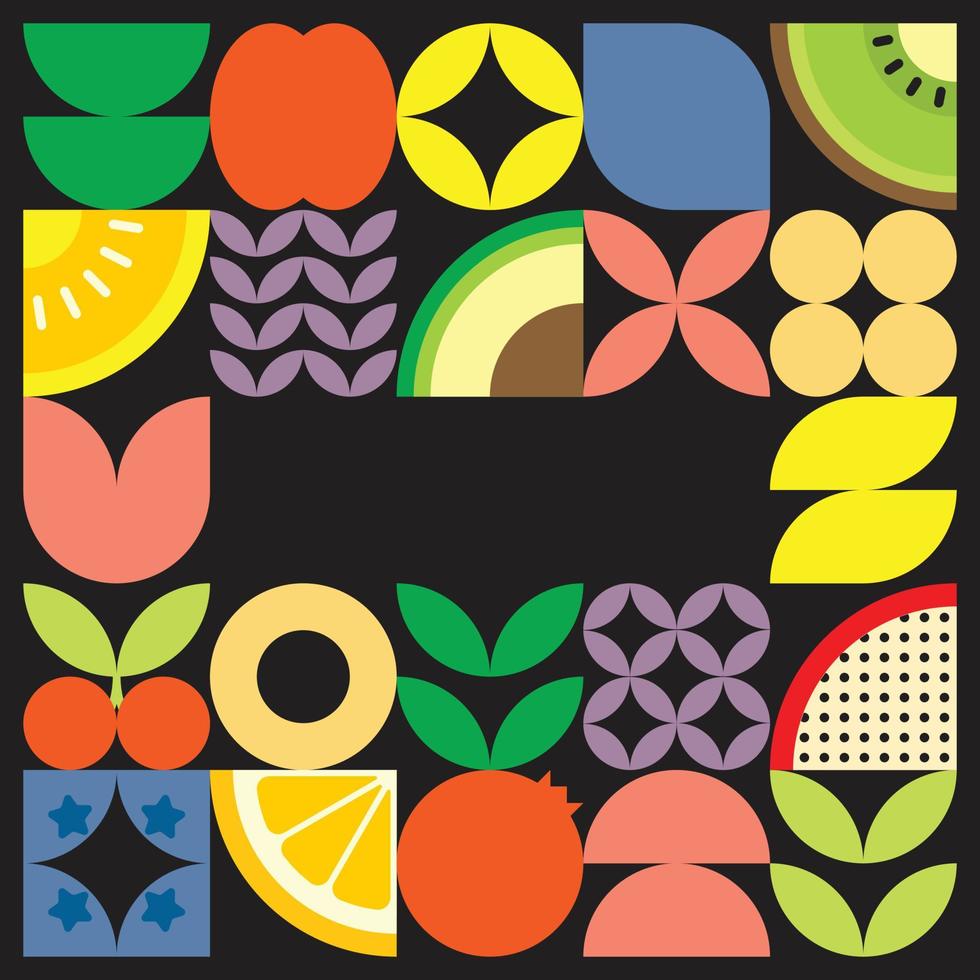 cartel geométrico de verano con frutas frescas cortadas con formas simples y coloridas. diseño de patrón de vector abstracto plano de estilo escandinavo. ilustración minimalista de frutas y hojas sobre fondo negro.