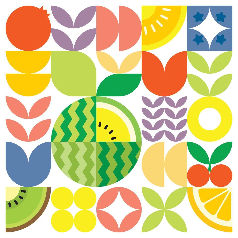 Afiche geométrico de obras de arte de frutas frescas de verano con formas simples y coloridas. diseño de patrón de vector abstracto plano de estilo escandinavo. ilustración minimalista de una sandía amarilla sobre un fondo blanco.