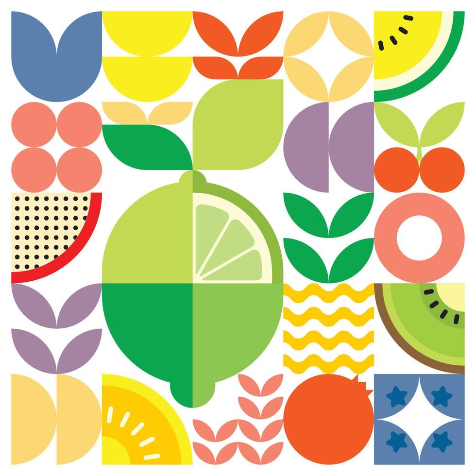 Geometric summer fresh fruit cut artwork poster with colorful simple shapes. Scandinavian style flat abstract vector pattern design. Minimalist illustration of a green lemon on a white background.