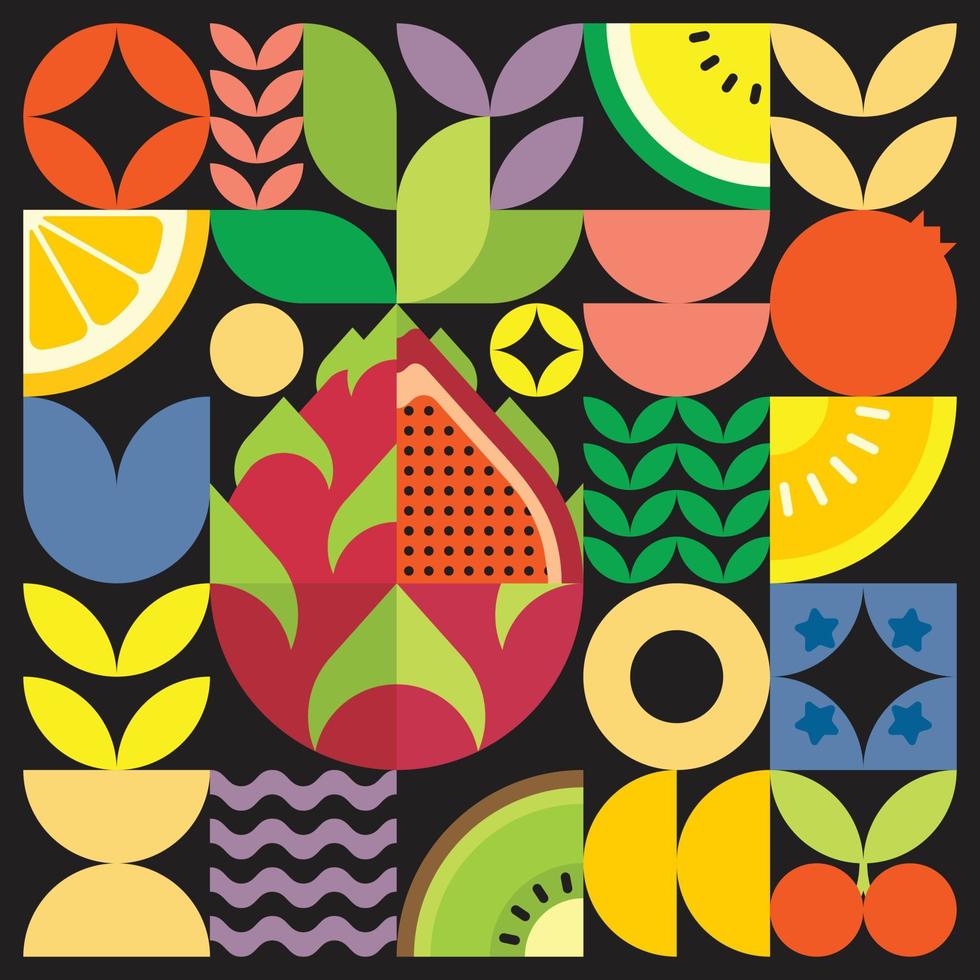 Geometric summer fresh fruit artwork poster with colorful simple shapes. Scandinavian style flat abstract vector pattern design. Minimalist illustration of a red dragon fruit on a black background.