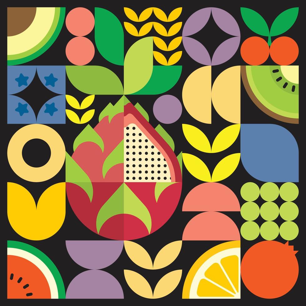 Afiche geométrico de obras de arte de frutas frescas de verano con formas simples y coloridas. diseño de patrón de vector abstracto plano de estilo escandinavo. ilustración minimalista de una fruta de dragón blanco sobre un fondo negro.