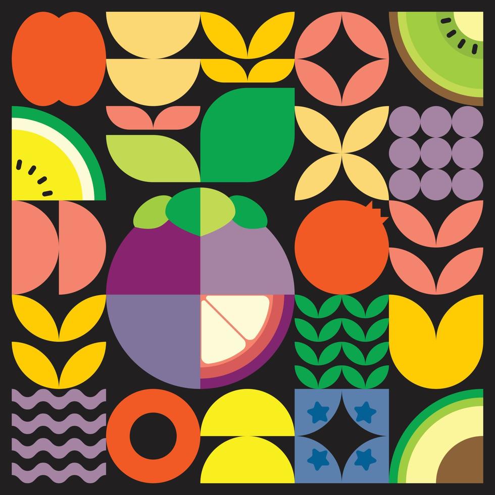 Geometric summer fresh fruit artwork poster with colorful simple shapes. Scandinavian style flat abstract vector pattern design. Minimalist illustration of a purple mangosteen on a black background.