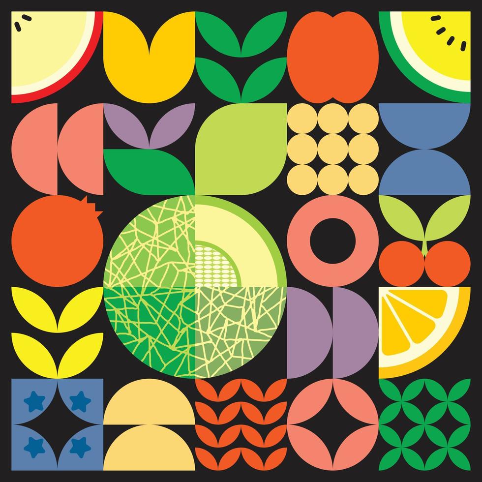 Geometric summer fresh fruit cut artwork poster with colorful simple shapes. Scandinavian style flat abstract vector pattern design. Minimalist illustration of a green melon on a black background.