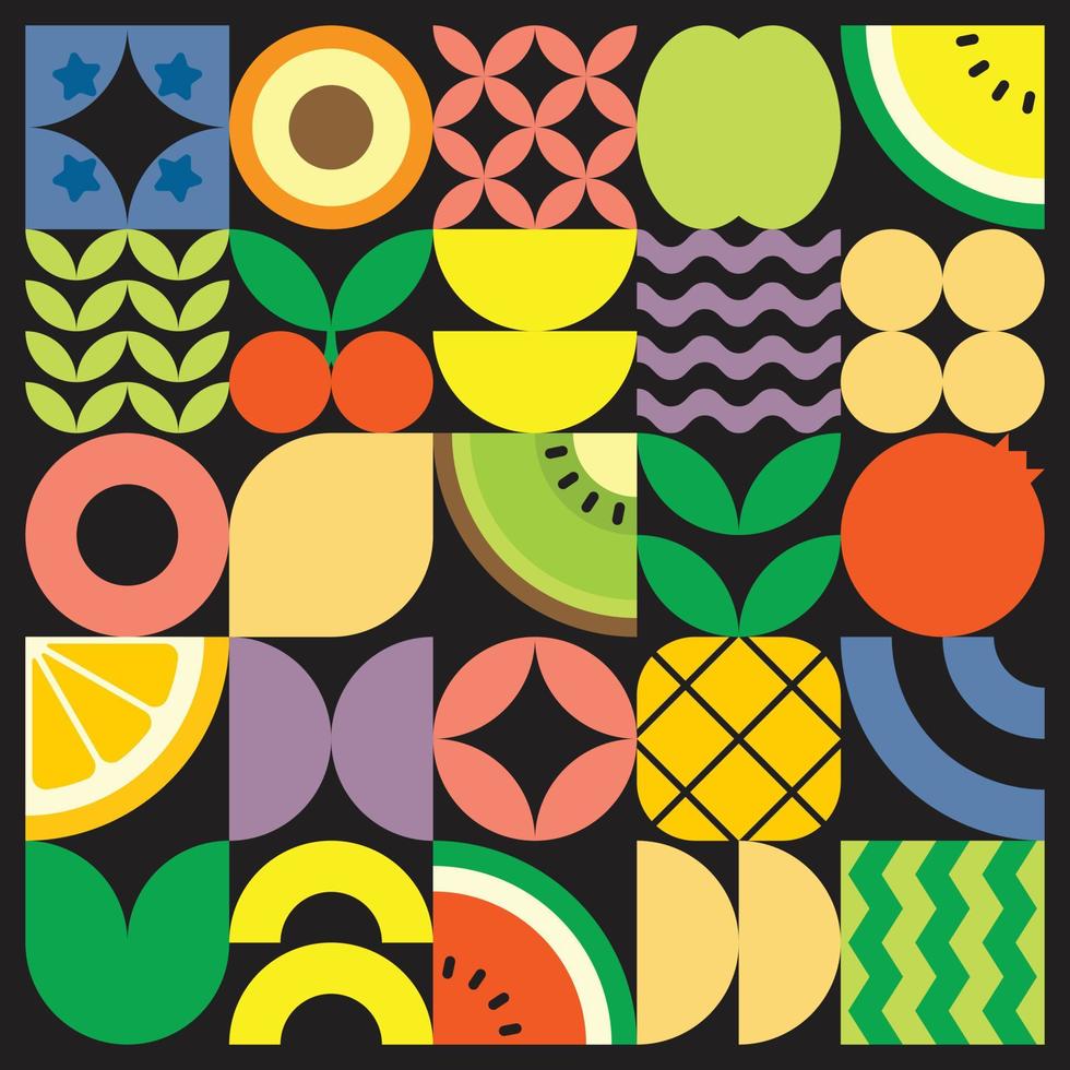 cartel geométrico de verano con frutas frescas cortadas con formas simples y coloridas. diseño de patrón de vector abstracto plano de estilo escandinavo. ilustración minimalista de frutas y hojas sobre fondo negro.