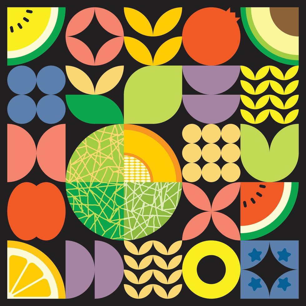 Geometric summer fresh fruit artwork poster with colorful simple shapes. Scandinavian style flat abstract vector pattern design. Minimalist illustration of a cantaloupe melon on a black background.