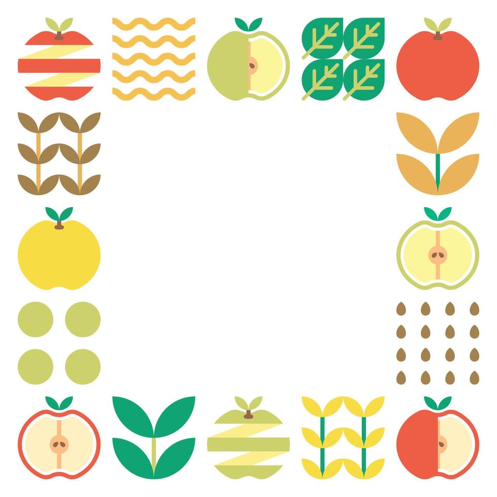 Apple frame abstract artwork. Design illustration of colorful apple pattern, leaves, and geometric symbols in minimalist style. Whole fruit, cut and split. Simple flat vector on a white background.