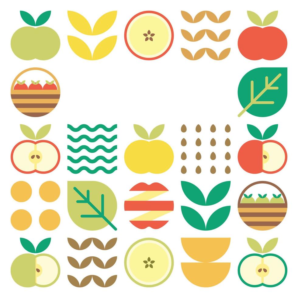 Apple frame abstract artwork. Design illustration of colorful apple pattern, leaves, and geometric symbols in minimalist style. Whole fruit, cut and split. Simple flat vector on a white background.